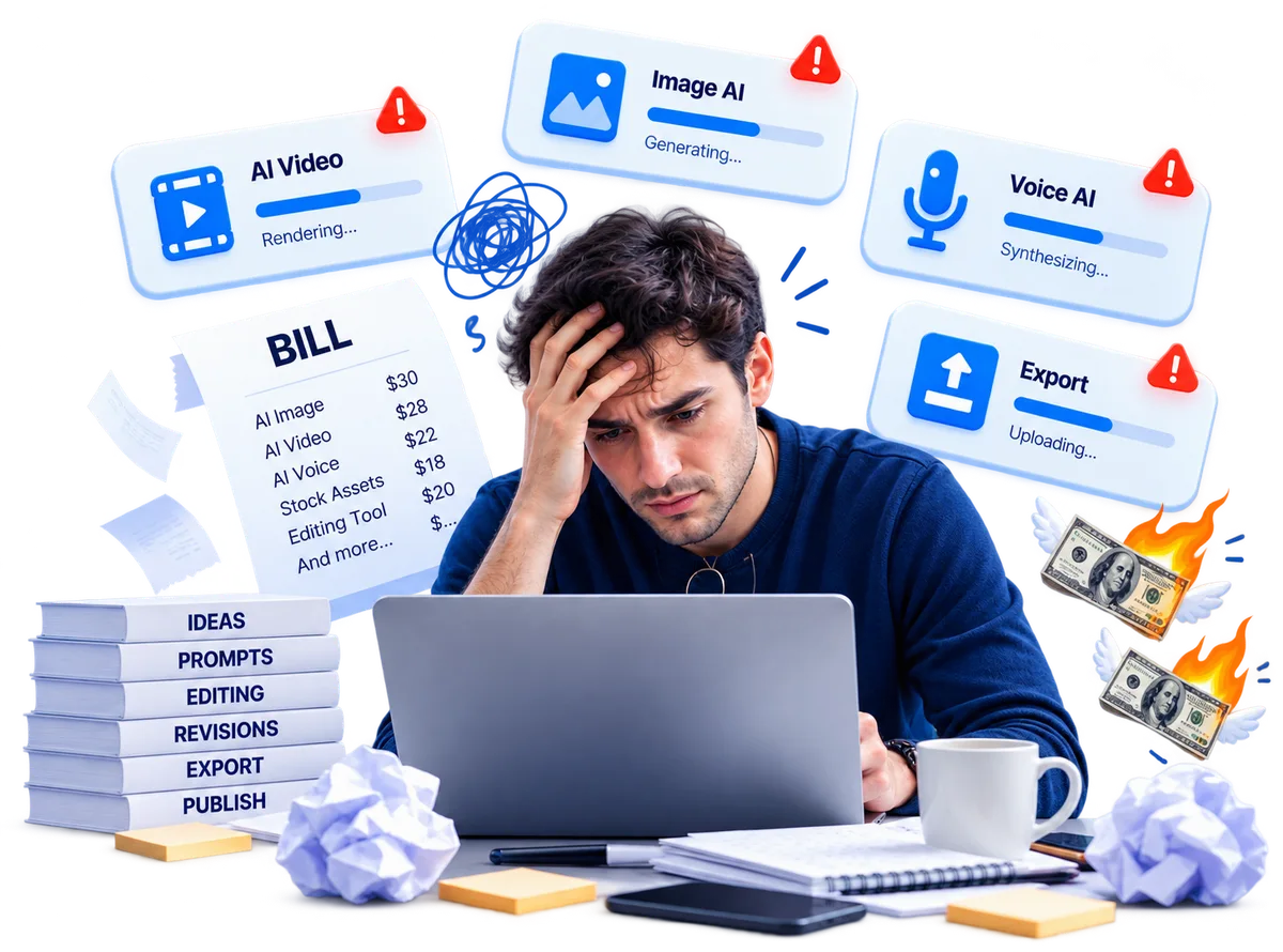 A creator overwhelmed at their desk, screens crowded with subscription price tags for voice, video, image, SEO, script, and social AI tools