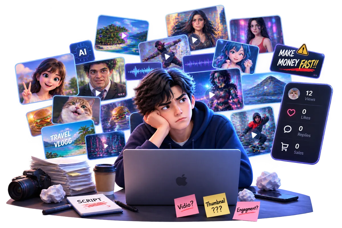 A creator staring at a laptop surrounded by flawed AI-generated video thumbnails with zero engagement