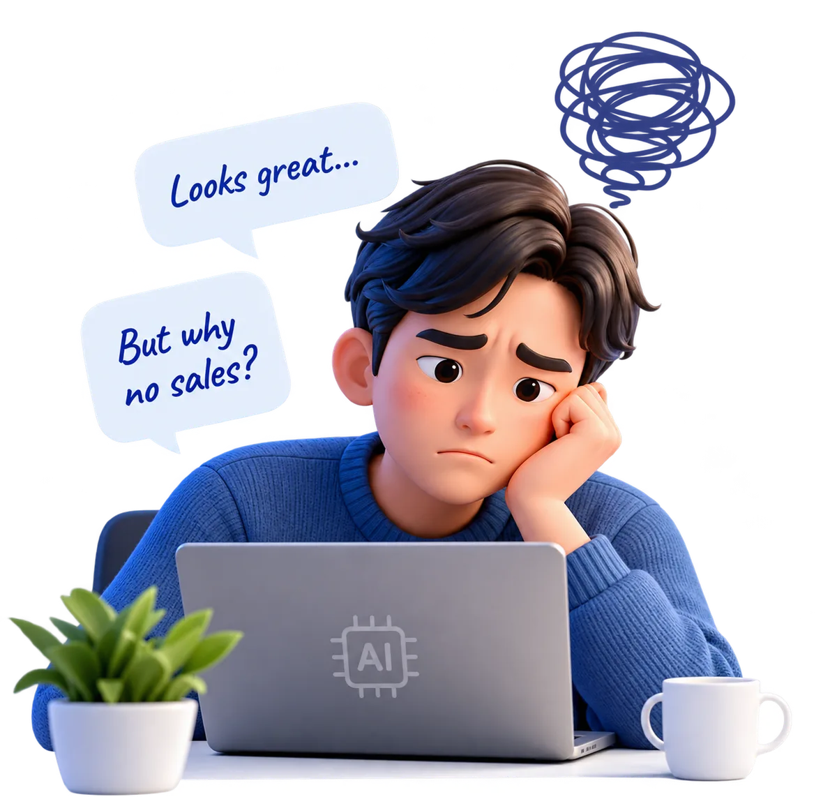 A viewer looking confused at an AI-generated ad, with speech bubbles reading Looks great... and But why no sales?