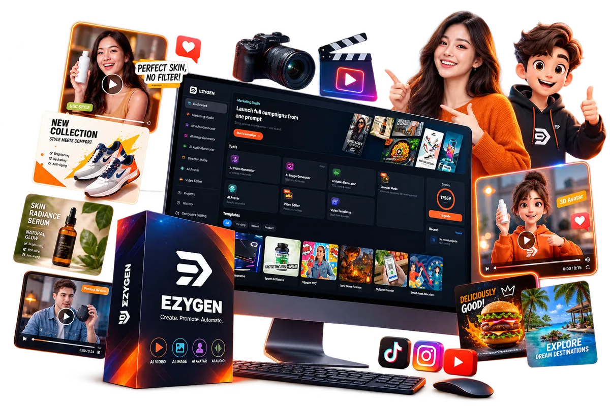 EZYGEN dashboard and the finished UGC ads, product boxes, and social posts it produces