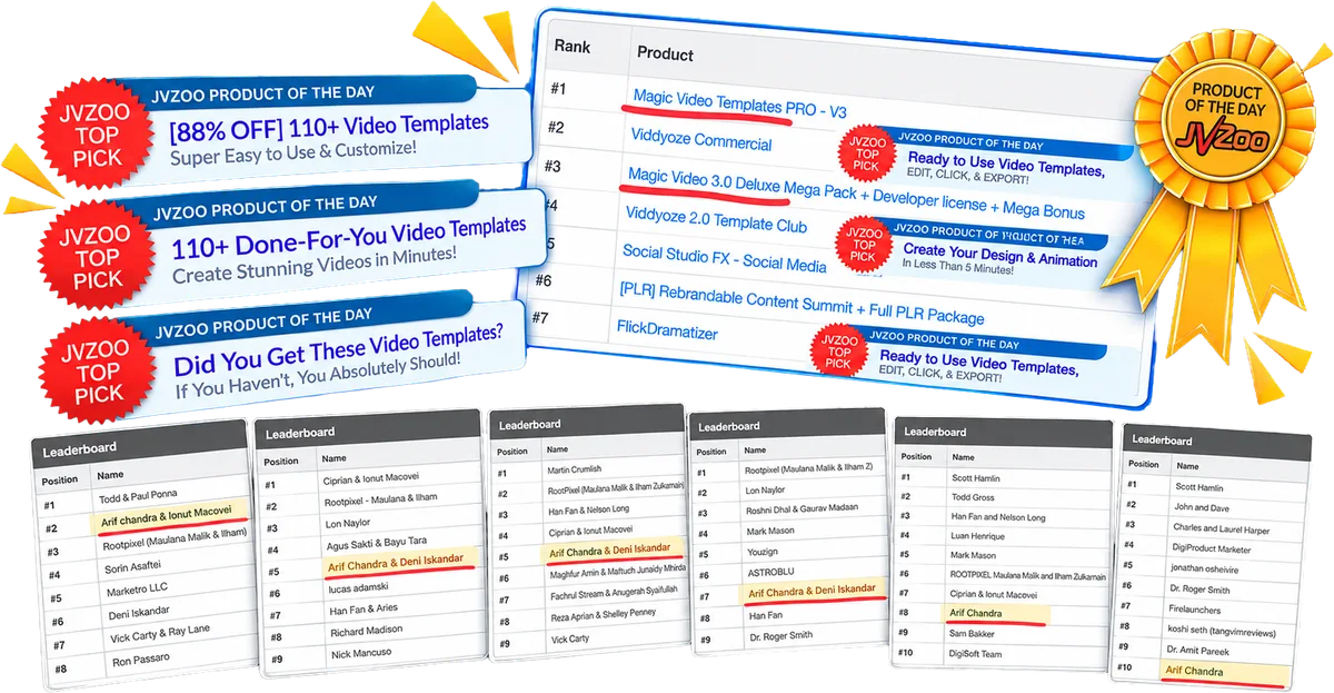 JVZoo Product of the Day placements, daily chart positions, and affiliate leaderboard finishes from previous launches